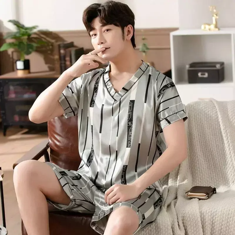 Homewear Short-sleeved  Sleepwear Pajamas Summer for Suit Size V-neck Ice Men Set Pullover Thin Casual Large Silk