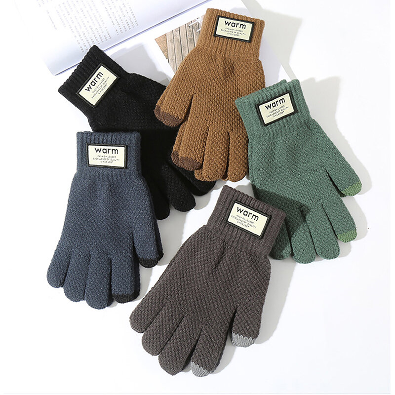 Luvas masculinas de malha touch screen, mitten monocromática de caxemira, grossa, quente, lã, negócios, inverno, alta qualidade