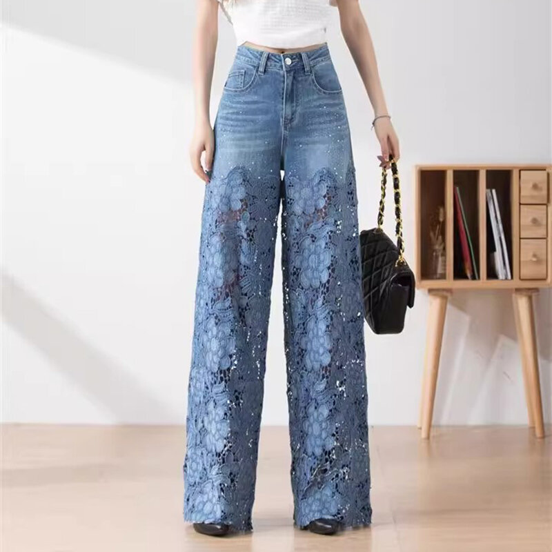 Fashion Women's Jeans 2024 New Summer High-Waist Openwork Lace Stitching Denim Wide-Leg Pants Female Straight Trousers