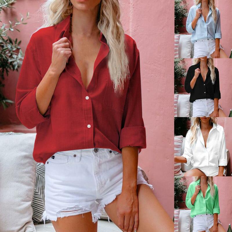 Stylish All Match Lapel Long Sleeve Single-breasted Shirt Lady Blouse Solid Color Pocket Shirt Streetwear