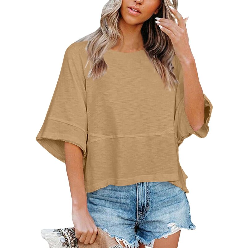 Women's Clothing Fashion Casual Patchwork Solid Loose Pullovers Casual Ladies Round Neck Trumpet Three Quarter Sleeve T-shirts