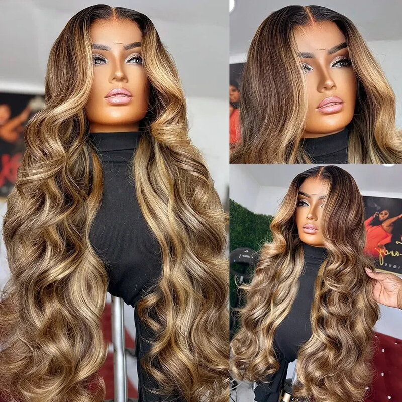 427 Highlight Ombre Wig Brown Honey Blonde Body Wave Lace Front Human Hair Wigs Brazilian 13x4 HD Transparent Lace Frontal Wig ﻿