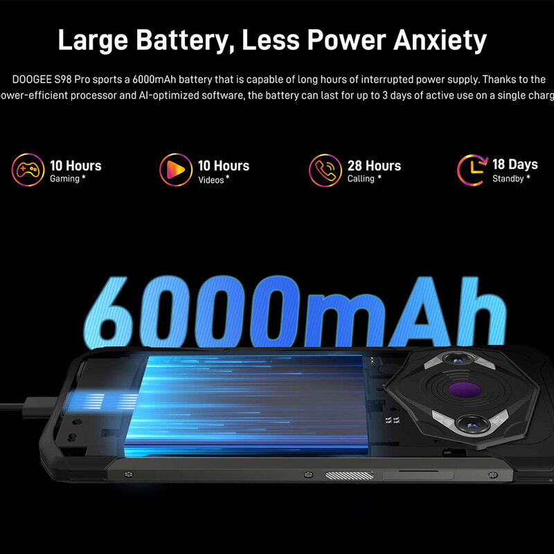 DOOGEE-S98 Pro Smartphone Android robusto, 8GB + 256GB, 6,3 "FHD + Display, 6000mAh bateria, 33W carregamento rápido, Helio G96, 48MP, Android