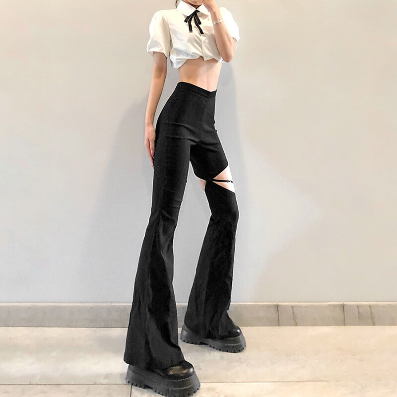 New Summer High Street Style Small High-Waisted Flared Trousers Thighs Personality Eith Hollow And Sexy Show Legs Long Pants