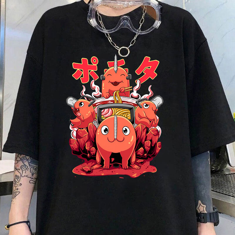 Nowe seksowne Anime koszulki z nadrukiem Pochita damskie dziewczęce luźne luźne z okrągłym dekoltem kreatywne spersonalizowane t-shirty
