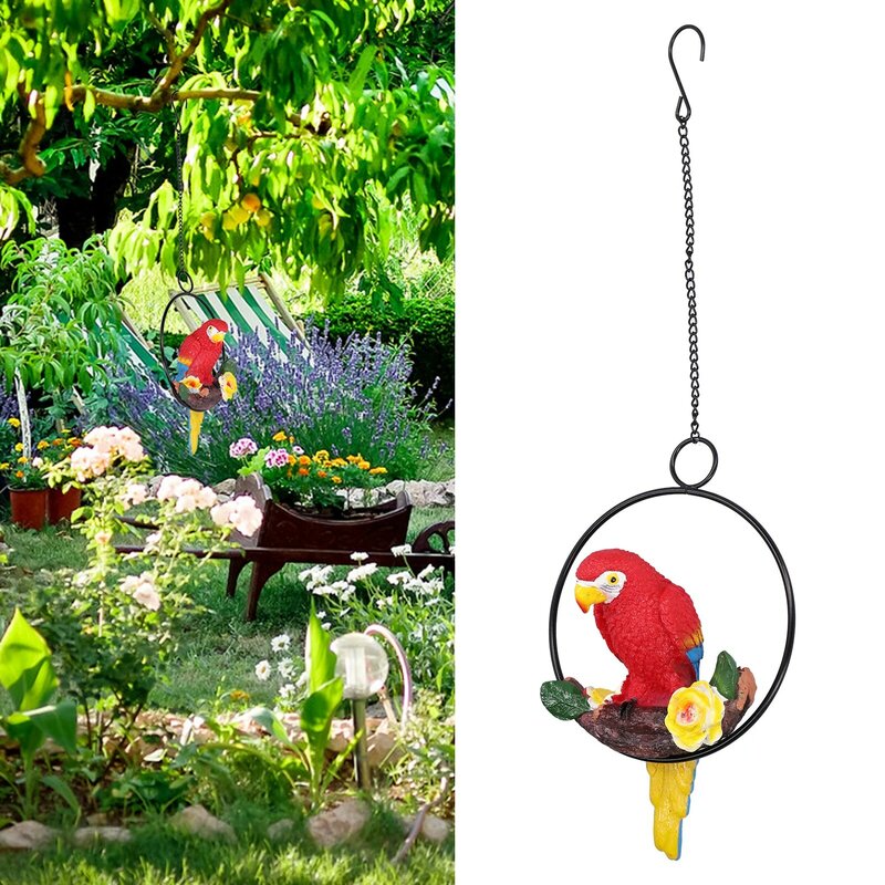 Macaw Garden resina sintética pingente, anel pendurado, escultura de papagaios, apto para caminho, quintal, pátio, gramado