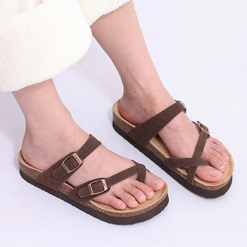 YAEA Women Fashion Cork Sandals Outdoor Classic Design Beach Sandals New Cozy Casual House Flats Slippers With Adjustable Buckle