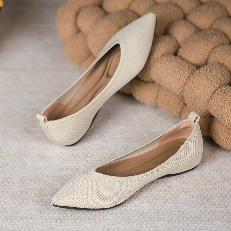 Zapatos planos con punta elástica para mujer, zapatillas informales de punto antideslizantes, suaves y cómodas, de princesa, para primavera