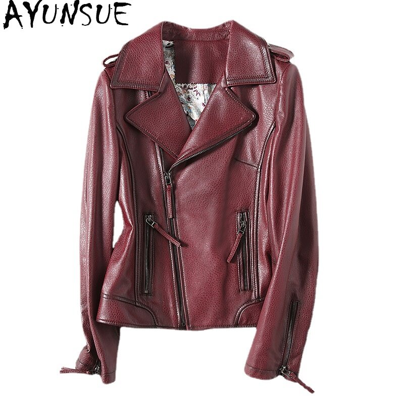 AYUNSUE-정품 양피 가죽 자켓 여성용, 오토바이 레더 자켓 봄 코트 블랙 짧은 자켓 Sq