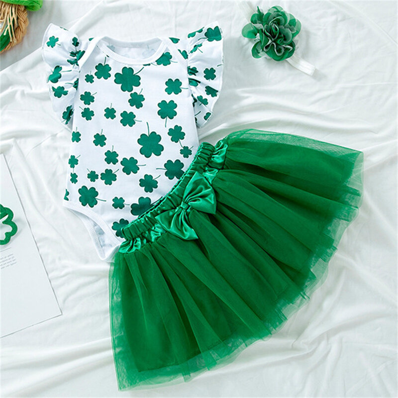 Baby Girls Irish Day Outfits Clover Print Rompers and Elastic Tulle Skirt Headband Set Cute Summer Clothes