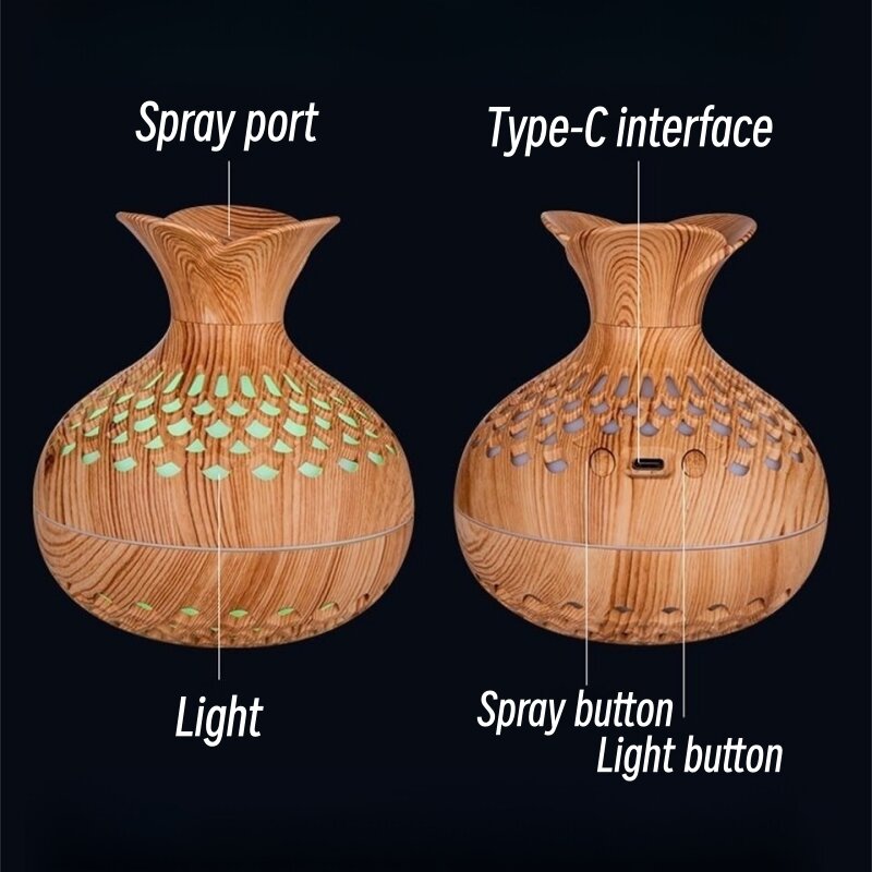 Pelembap udara vas Mini motif kayu, penyebar Aroma Air ultrasonik elektrik USB, Pemurni udara wangi ruang rumah