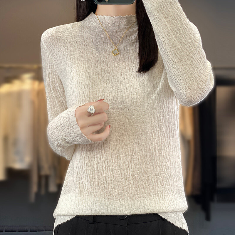 Suéter macio de gola meia alta para mulheres 100% lã merino pulôver de rugas, caxemira de malha casual, top feminino solto para outono e inverno