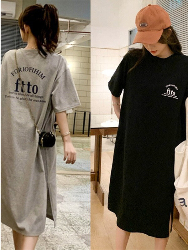 2024 nowa koreańska modna sukienka T-shirt z krótkim rękawem luźny rozmiar na kolanach długa sukienka moda sukienka damska w połowie długości lato 8 c8y