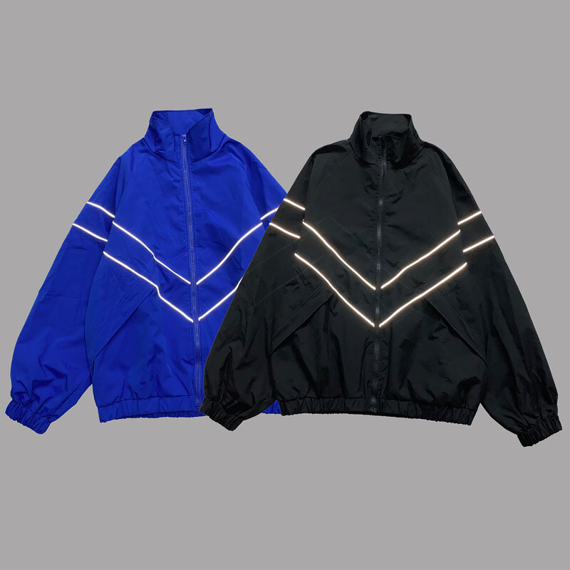 Odblaskowe kurtki w paski Hip-hopowe męskie patchworkowa, w stylu Harajuku wiatrówka z zamkiem błyskawicznym w stylu Streetwear luźne płaszcze uniwerek w kolorze niebieskim
