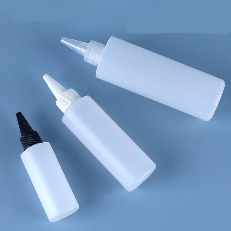 Botella redonda de plástico HDPE con giro, tapa superior de boca puntiaguda para pegamento Uv, negra/natural, 30ml/100/200/250ml/500ml