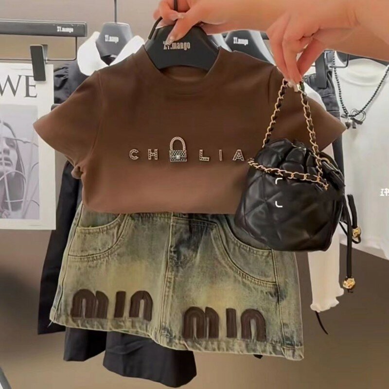 女の子用半袖Tシャツとデニムスカートのセット,韓国のファッション,インターネットセレブ,新しい夏のコレクション,2個