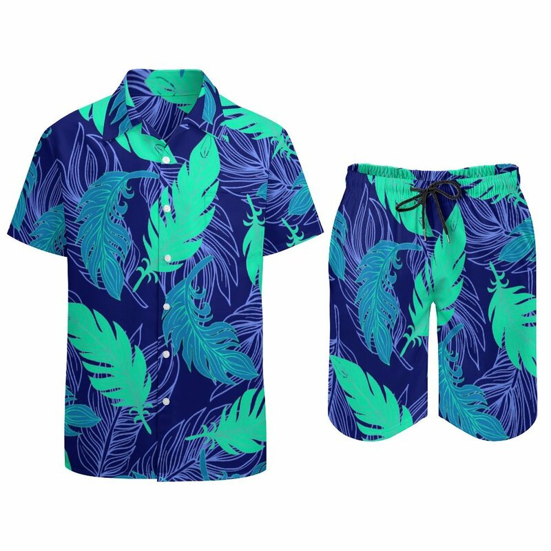 طقم قمصان للرجال بأكمام قصيرة كبيرة ، طباعة ورقة شجر ، فن تجريدي ، شورت غير رسمي ، لياقة هاواي ، بدلة بنمط خارجي ، الصيف