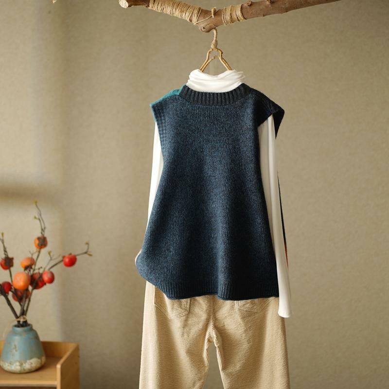 Suéteres Vintage con paneles para mujer, cárdigans de punto sin mangas con cuello en V, suéter informal holgado, abrigos de otoño, 2022