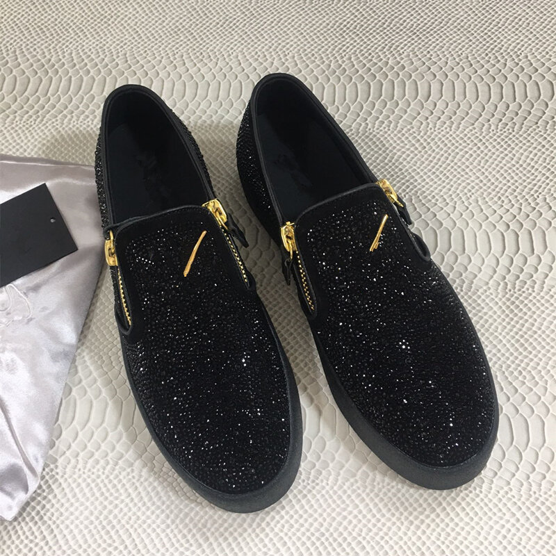 Sepatu pantofel pria, SNEAKER KULIT Jalan berlian imitasi hitam kasual sol tebal untuk lelaki