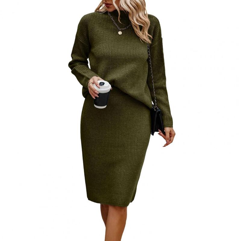 2 Pcs/Set Sweater Skirt Suit Knit Thick Warm Cold Resistant Slit Hem Elastic Casual Commute Knee Lengh Skirt Set  костюм женский