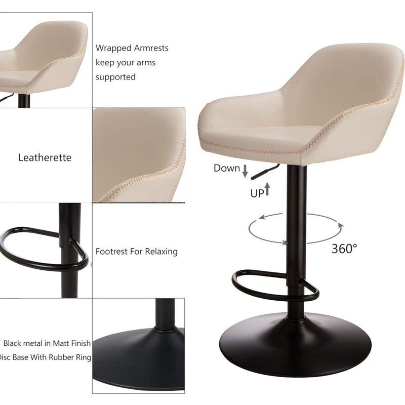 Mitte des Jahrhunderts Barhocker Set aus 2 Vintage drehbaren Leder verstellbaren Bar stuhl mit Rückenlehne und Fuß stütze,