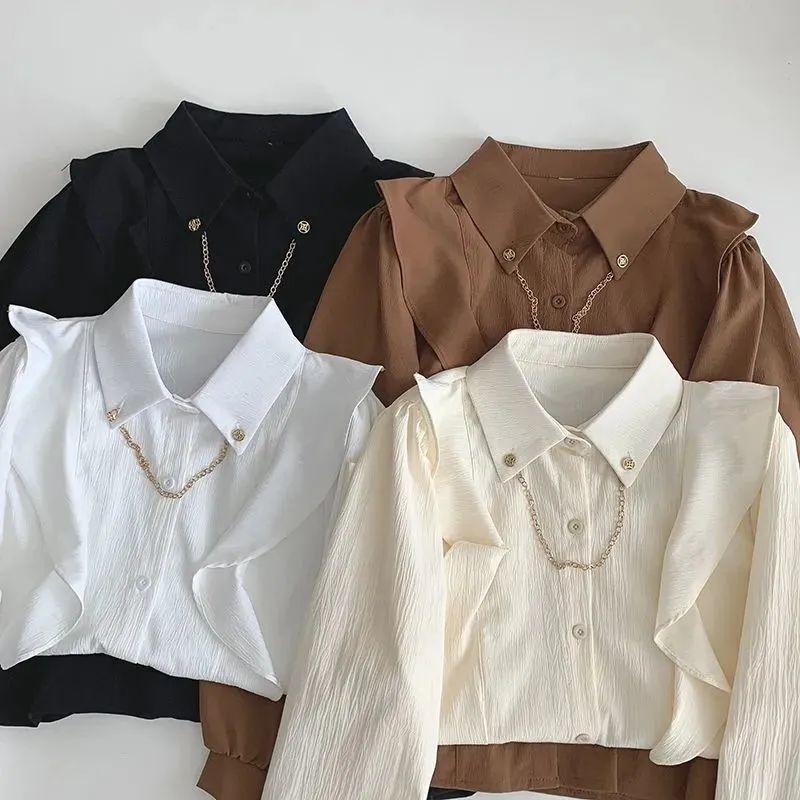Niche Design Solid Color Shirt Big Ruffled Chain Decoration Spring and Autumn New Korean Style Women's Elegant Wide Top
