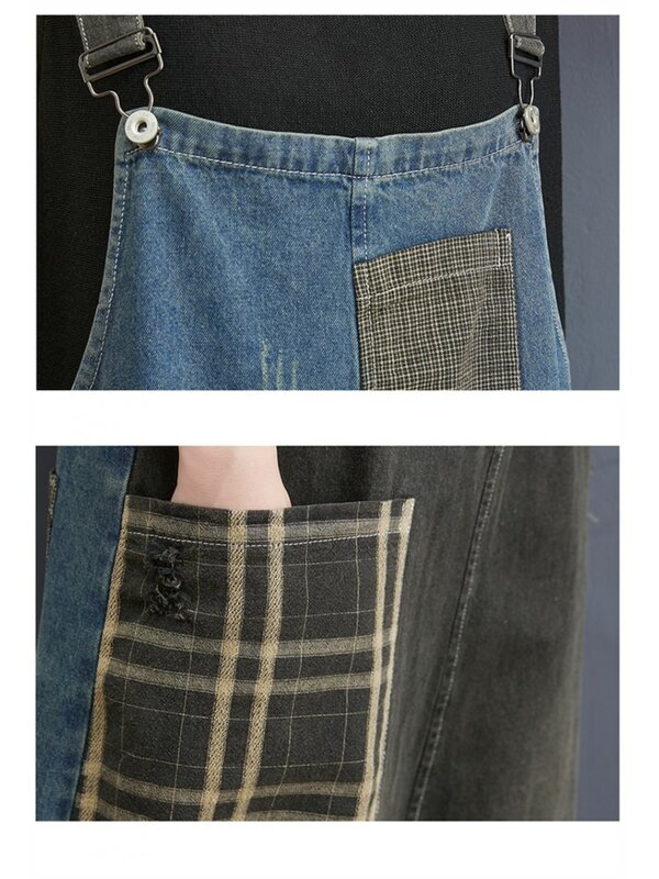 Calça jeans de grande envergamento feminino, calça solta casual feminina, sem mangas, patchwork, xadrez, modis, alça, 2024