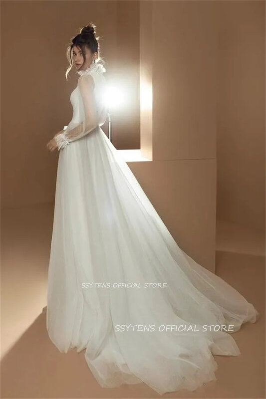 Gola alta tule plissado vestido de noiva, princesa noiva vestido, vestidos nupciais, manga comprida ilusão, vestidos de casamento, moda