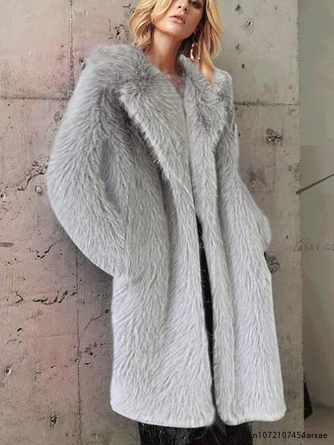 럭셔리 럭셔리 인조 모피 루즈핏 플러시 롱 코트 여성용, 두꺼운 라펠, 따뜻한, 고품질, 블랙 화이트, 겨울