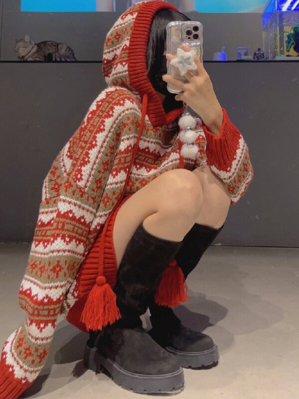 Maglioni donna con cappuccio a righe autunno manica lunga dolce Streetwear stile coreano moda Casual maglieria natale sciolto tutto-fiammifero