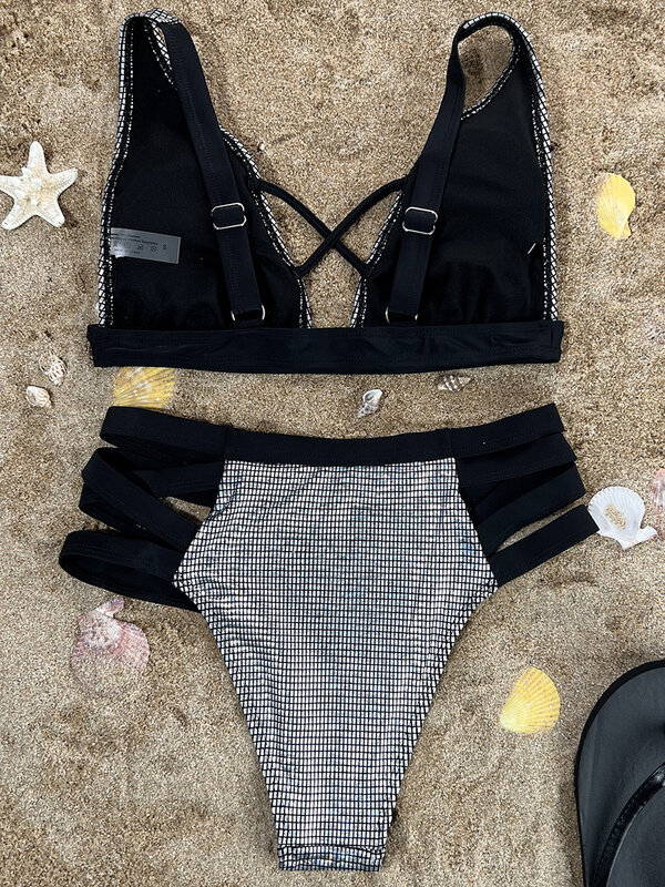 Bikini de vendaje cruzado brillante para mujer, traje de baño de cintura alta, conjunto de Bikini de dos piezas, 2024