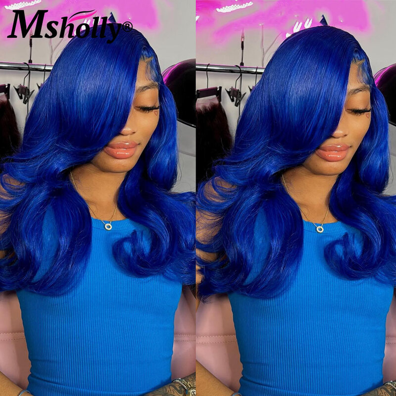 Perruque Lace Front Wig sans colle naturelle Body Wave, cheveux humains, pre-plucked, bleu marine, 13x6, transparent HD