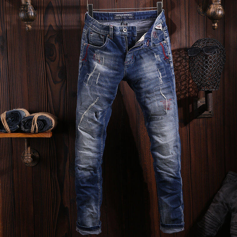 Pantalones vaqueros rasgados elásticos de alta calidad para hombre, Jeans Vintage de diseñador bordado, ropa de calle a la moda, azul Retro
