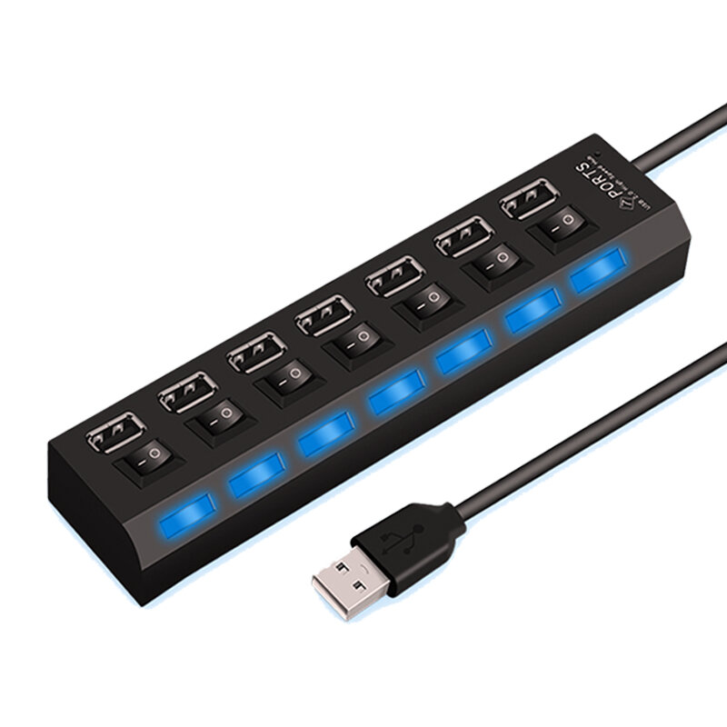 Adaptador de concentrador USB 4/7 de alta velocidad, 2,0 puertos, extensor múltiple con interruptor de lámpara LED para PC y portátil