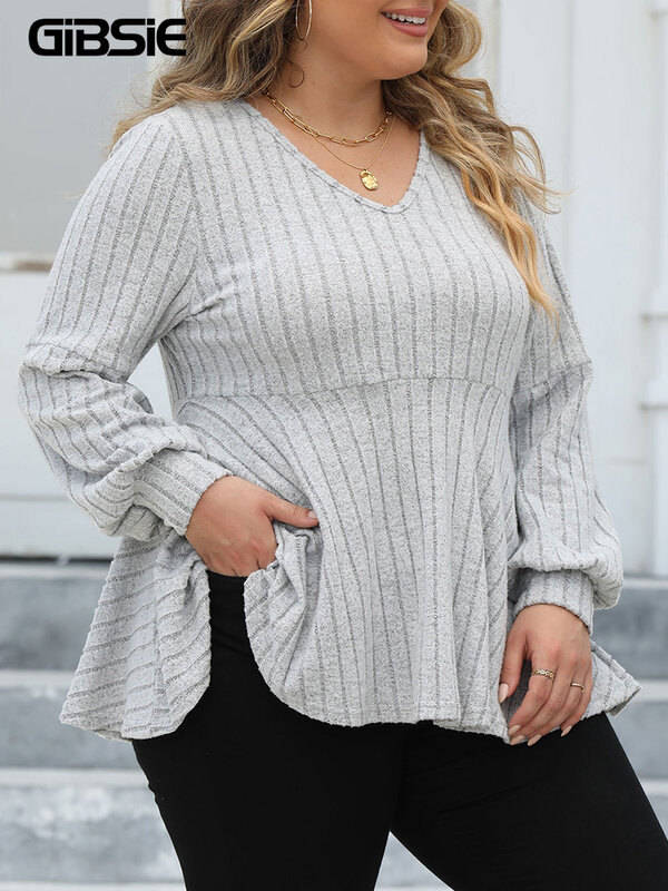GIBSIE Plus Size Long Sleeve Tops for Women Spring Fall V Neck Peplum Tee Shirt Female Casual Ribbed Knit T-Shirts Clothes 2023