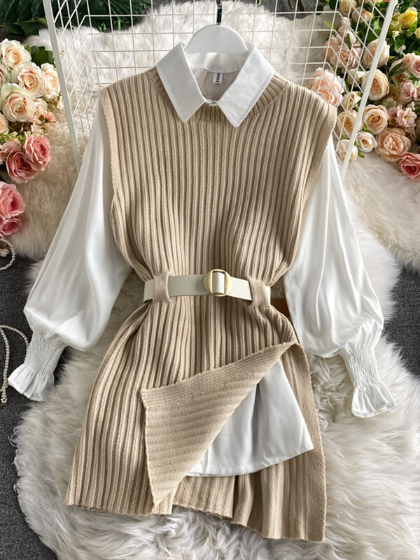Женская рубашка с рукавом-фонариком, вязаный жилет, комплект из двух предметов, жилет с поясом в стиле колледжа, топ из двух предметов, весна-осень UK900