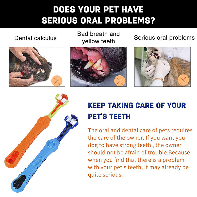 Sikat gigi tiga sisi, sikat gigi hewan peliharaan tiga kepala banyak sudut membersihkan sikat gigi anjing kucing alat perawatan gigi membersihkan mulut