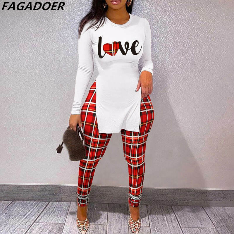 Fagadoer Fall Vrouwen Tweedelige Sets Outfits Casual Print Side Slit Top En Skinny Broek Trainingspakken Fashion Streetwear 2Pcs suits