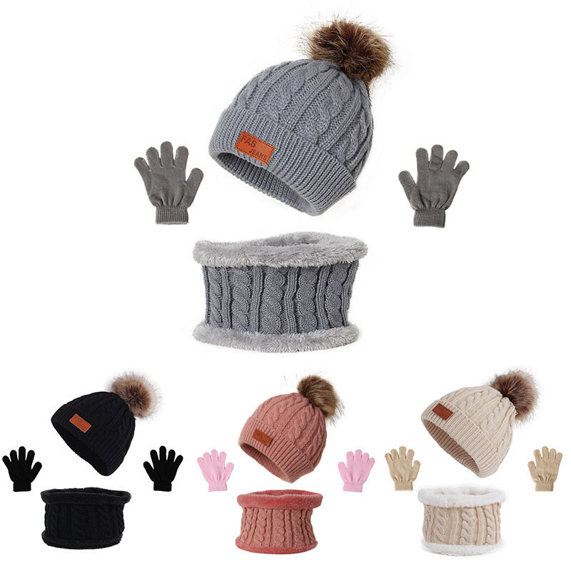 3 Stück Set Baby Winter mütze Pompon Kinder mütze gestrickt niedlichen warmen Mütze Schal Handschuhe Anzug für Mädchen Junge lässig einfarbig Säuglings mütze