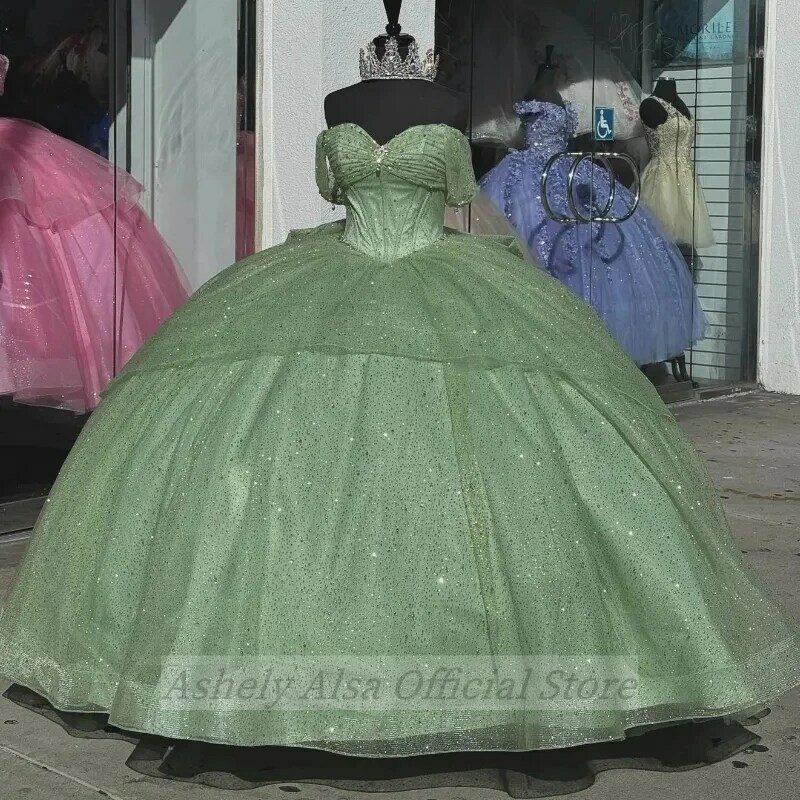 Vestido Quinceanera fora do ombro, Princesa vestido de baile, cova real, verde limão, laço de renda, doce 16 anos, 15 xv