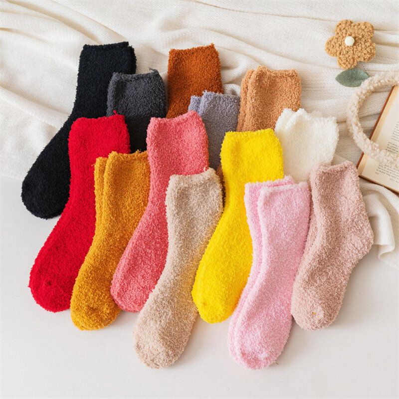 Women Socks Autumn Winter Warm Soft Fluffy Bed Socks Solid Color Ladies Home Floor Slipper Plush Thicken Coral Fleece Warmer