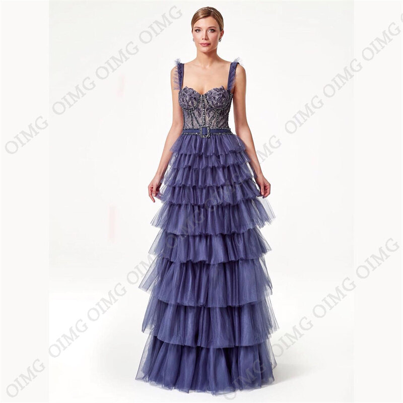 Oimg luxuriöse Tüll Brautkleider klassische Spitze blau gestufte elegante Schatz benutzer definierte boden lange Kleid vestidos de novia