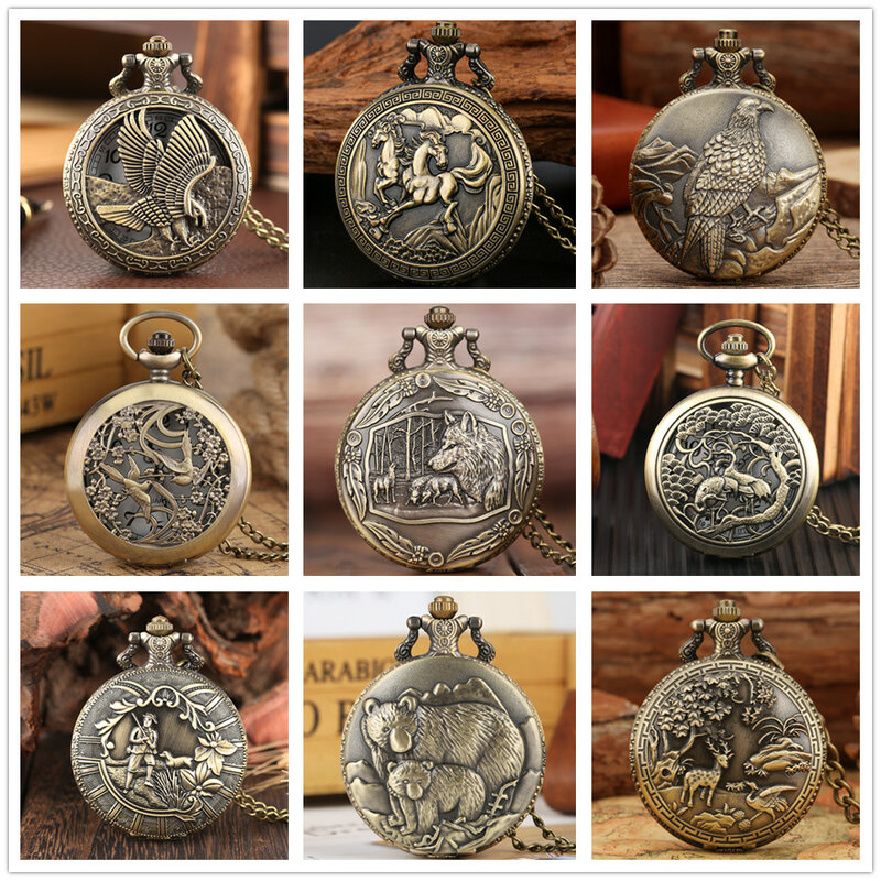 Vintage Bronze Wilden Tier Muster Halskette Uhren Wolf/Eagle/Deer/Bär/Pferd/Vögel Retro Elegante quarz Tasche Uhr