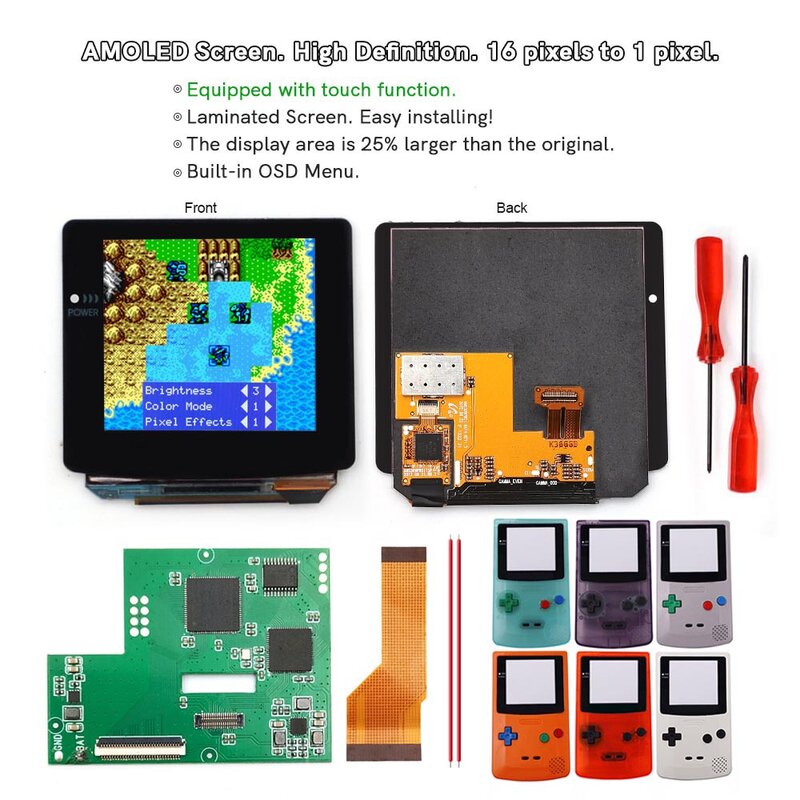 Toque em tela OLED laminada AMOLED, Drop in Build in OSD, Tela RETRO PIXER, GBC GameBoy Color com casca pré-cortada