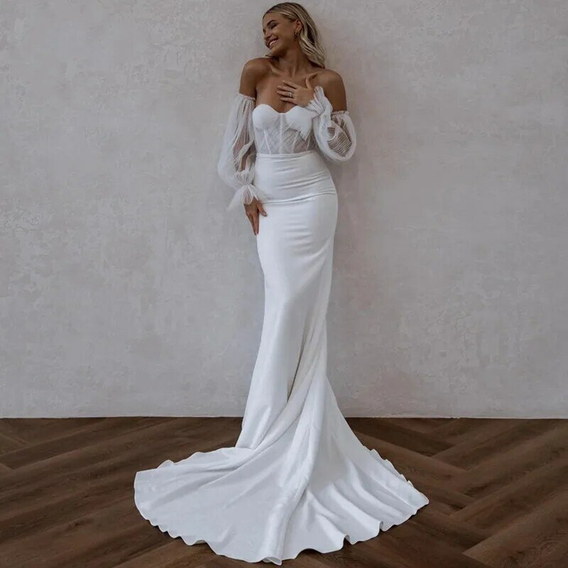 Gaun pernikahan bahu terbuka Tulle putri duyung putih sederhana gaun pengantin belahan tinggi kotak-kotak elegan gaun pengantin gaun ritsleting punggung terbuka