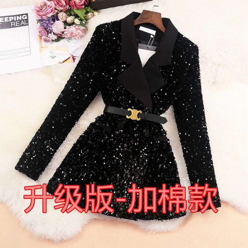 New Fashion Women Shiny Double-breasted Sequins Suit Jacket Female Cotton Coat Black Slim Fit Blazers Fall Clothes with Belt
