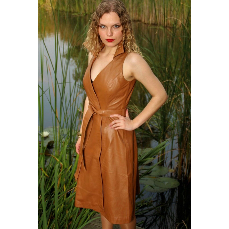 Summer Women Dress Genuine Lambskin Leather Slip Dress New Handmade Tan Dress