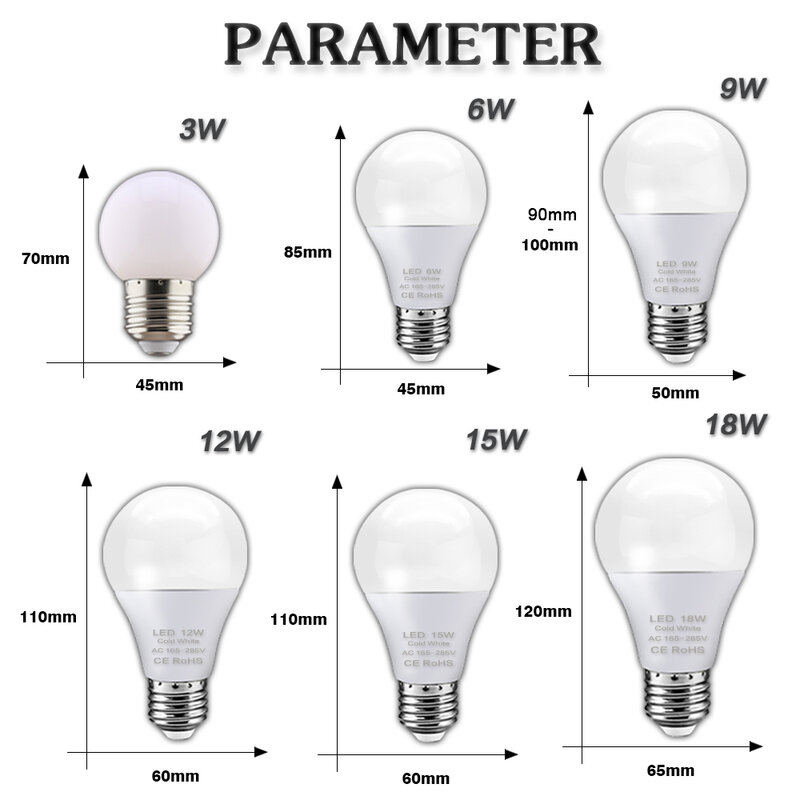 Ampoule E27 LED d'Intérieur pour des Chandeliers de Maison, Spots, Luminaires, Éclairage, 3 W, 6 W, 9 W, 12 W, 15 W, 18 W, 220 W, 240 W, 6 pièces/Lot