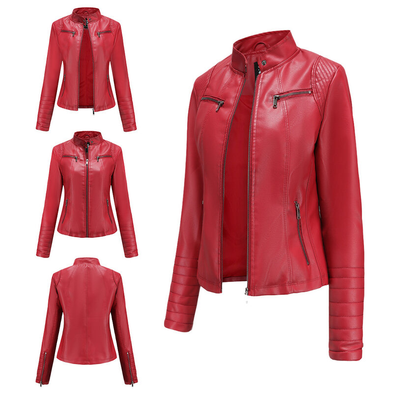 女性のオートバイのバイカージッパージャケット,革のジャケット,黒,赤,茶色,秋春,2023