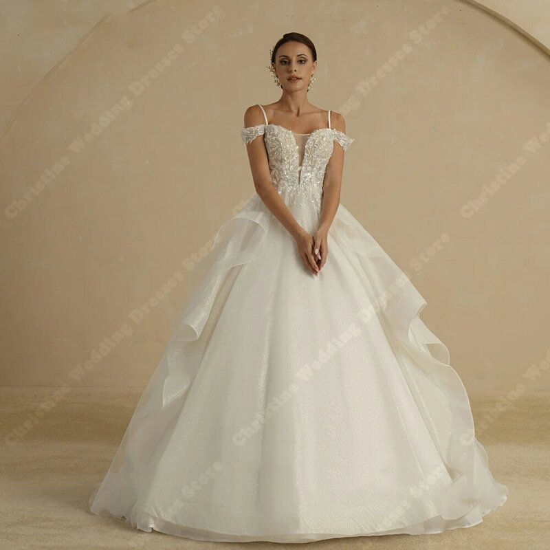 Женское кружевное свадебное платье, элегантное тонкое Тюлевое Пышное Платье с V-образным вырезом и открытыми плечами, индивидуальный пошив